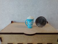 Play scale 1:6 or Barbie winter themed mug with cream lid for 12-inch dolls REF Blue with snowman & Let it snow texts
