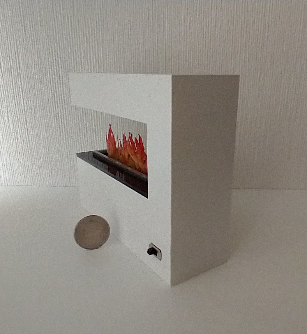 1:12 Dollhouse modern fireplace in white also as a room divider with battery operated flickering insert on two AAA batteries