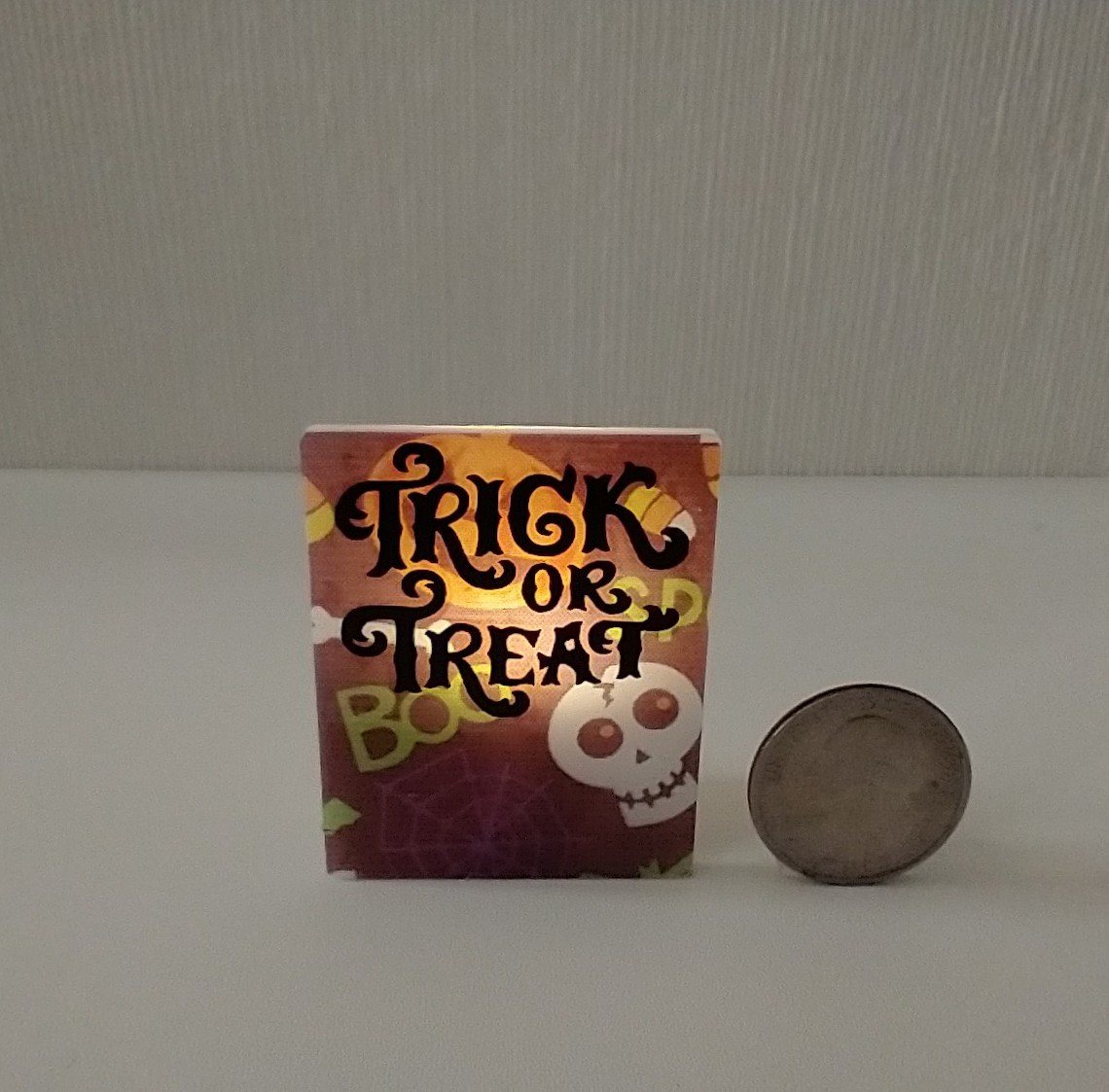 Miniature Halloween trick or treat sign with back lit candle (battery operated) for 12th or 6th scale scenes REF Boo n skull