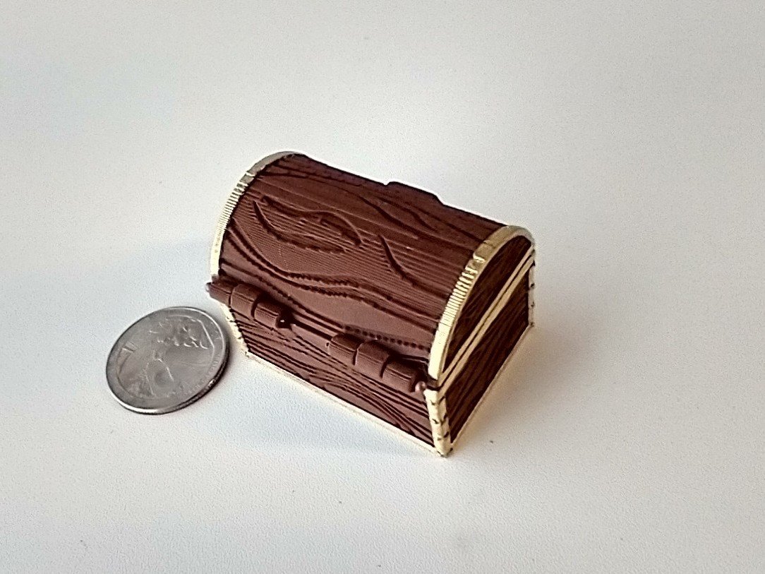 1:12 scale miniature battery lighted treasure chest in chocolate color wood grain texture lights up when lid is open