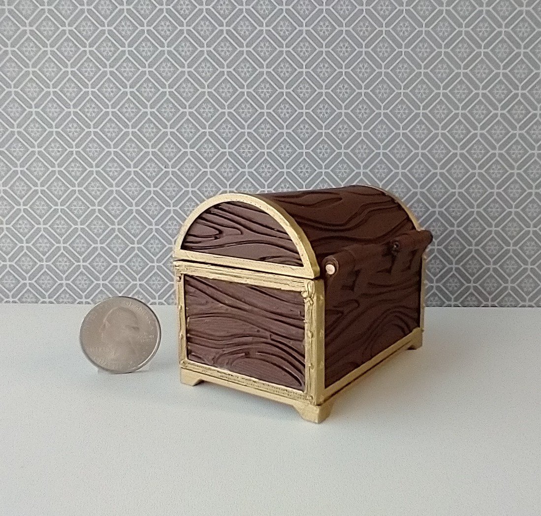 1:12 scale miniature battery lighted treasure chest in chocolate color wood grain texture lights up when lid is open