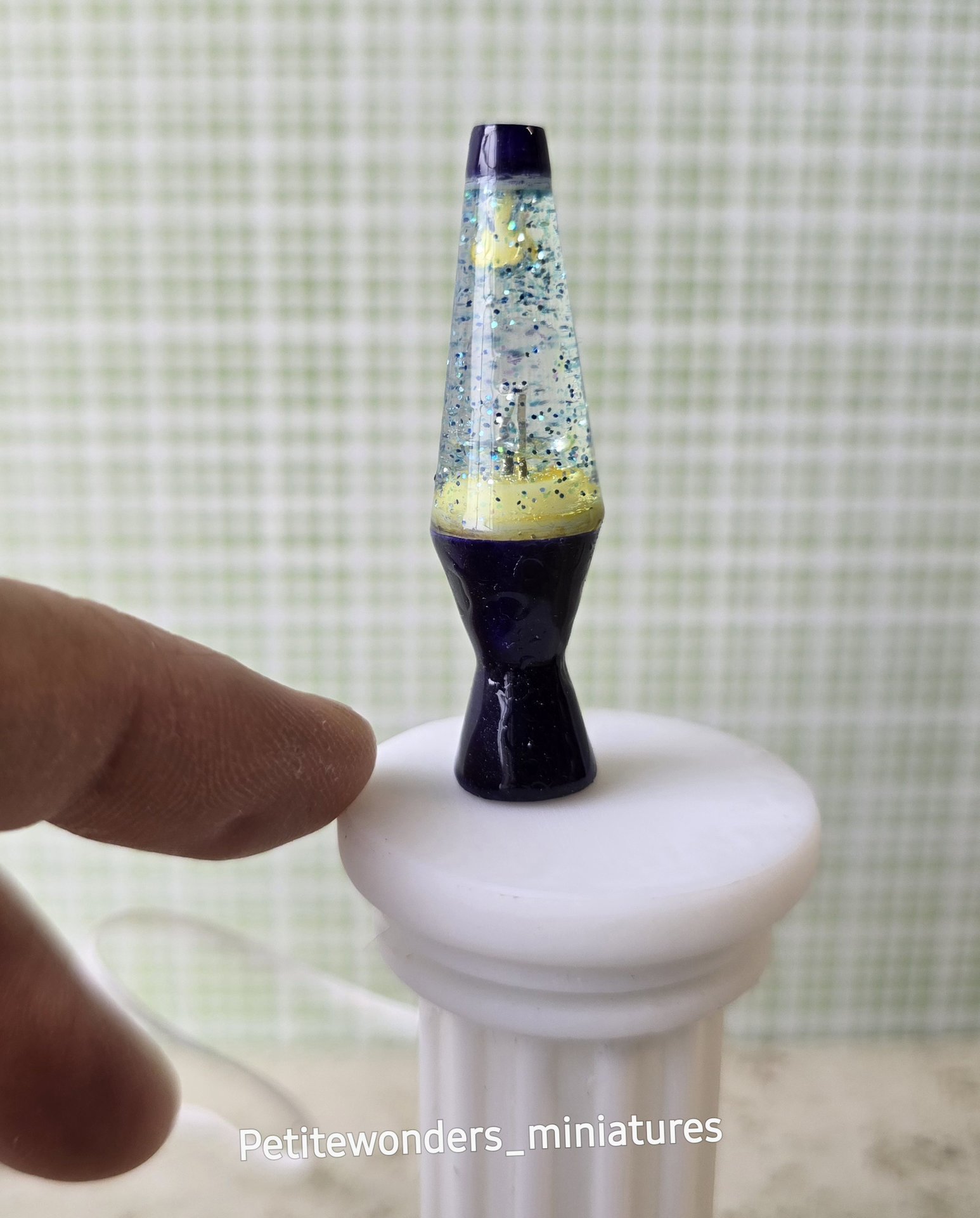 1:12 Dollhouse miniature retro lava lamp Battery operated LED table lamp MCM style with external wires REF Color changing LED Deep purple base