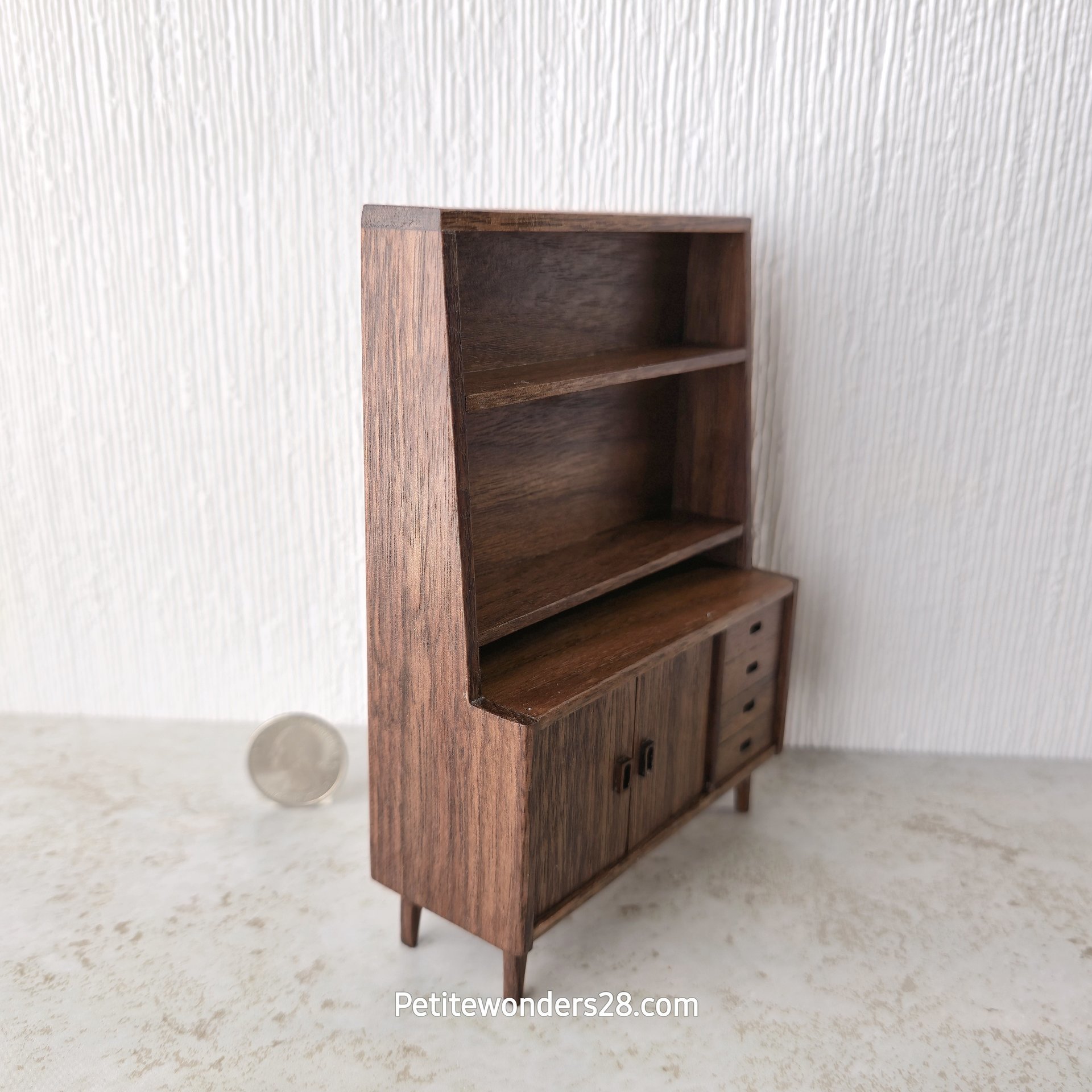 1:12 scale dollhouse mid-century modern display case with cabinet in solid walnut wood MCM display / book case with two hinged doors REF Walnut