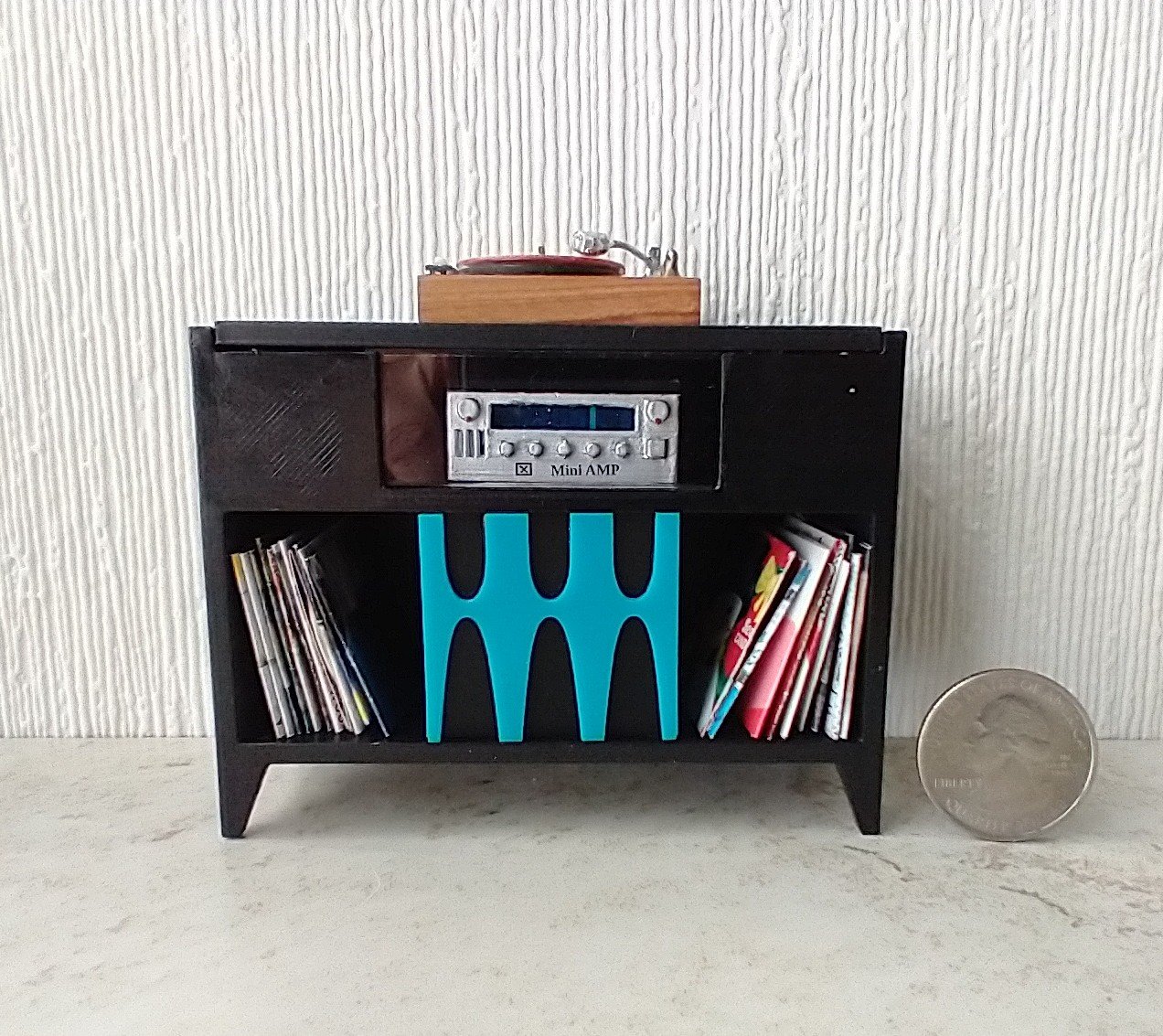 1:12 scale dollhouse audio amplifier with battery operated blue LED light