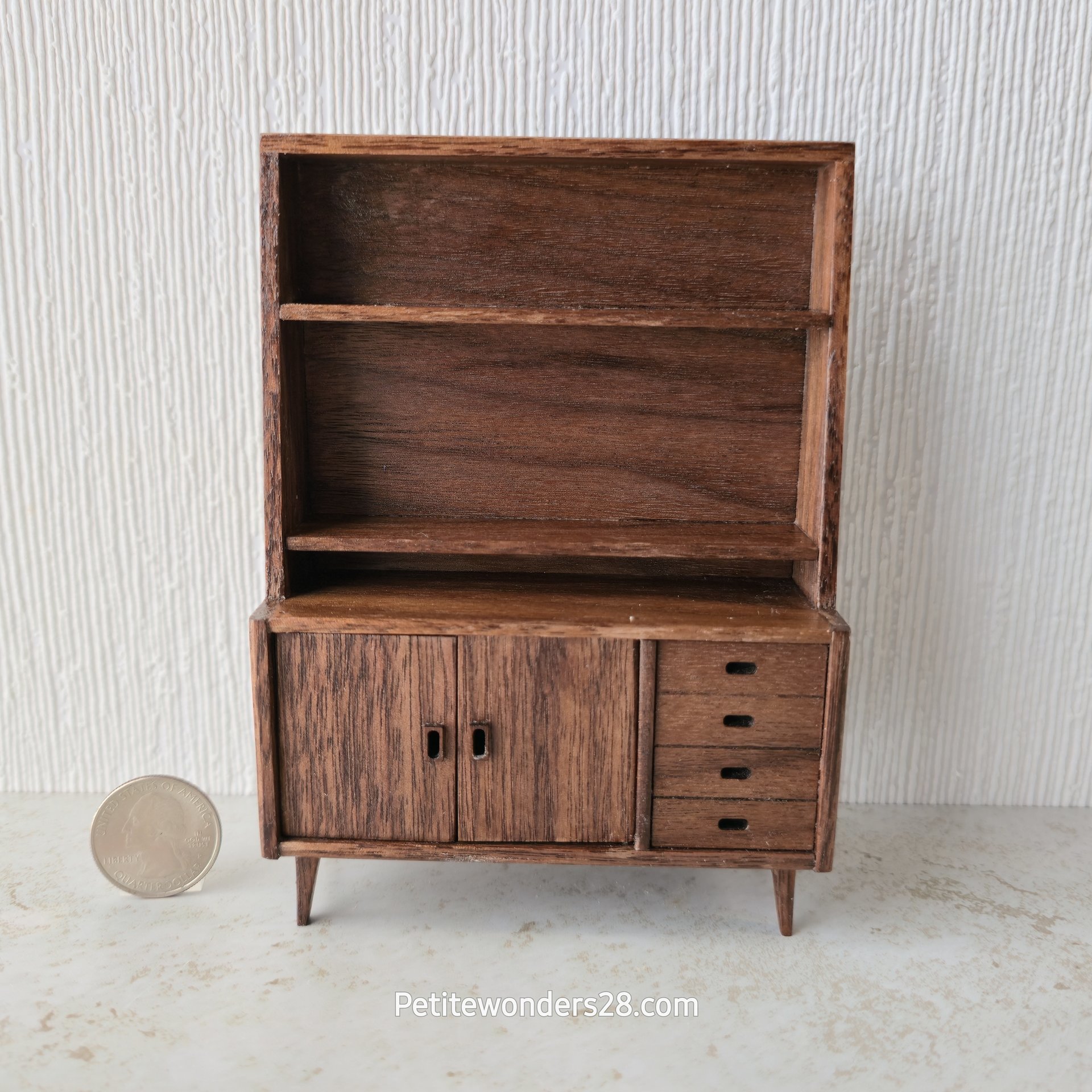 1:12 scale dollhouse mid-century modern display case with cabinet in solid walnut wood MCM display / book case with two hinged doors REF Walnut
