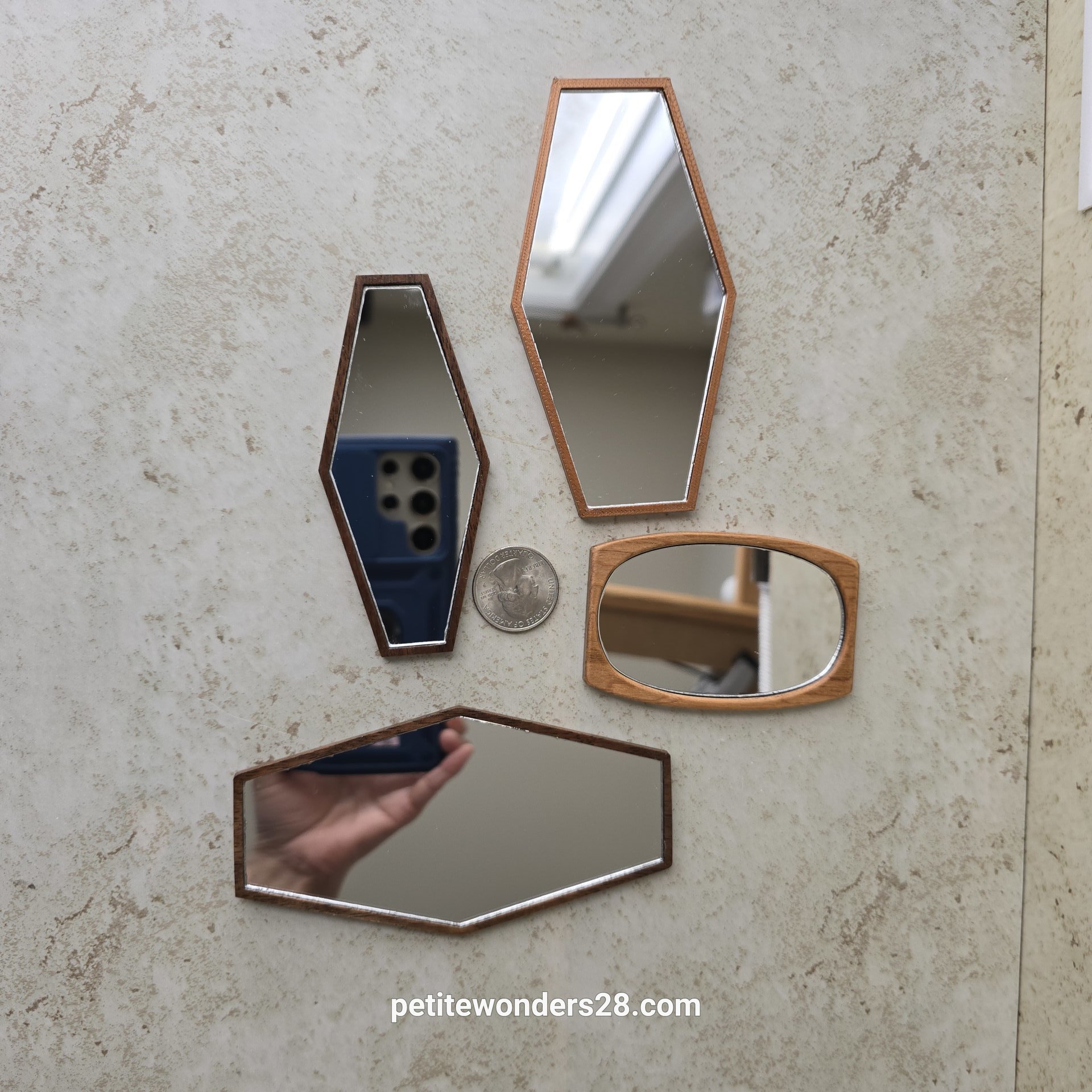 1:12 Dollhouse MCM style hexagonal mirror with solid walnut frame REF Large walnut