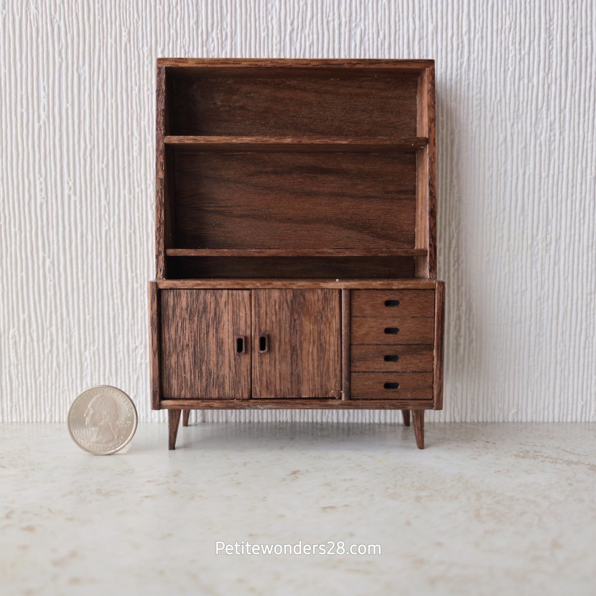 1:12 scale dollhouse mid-century modern display case with cabinet in solid walnut wood MCM display / book case with two hinged doors REF Walnut