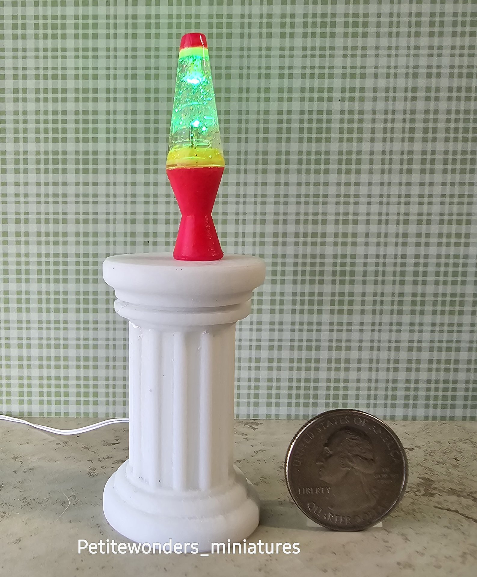 1:12 Dollhouse miniature retro lava lamp Battery operated LED table lamp MCM style with external wires REF Color changing LED Neon pink base