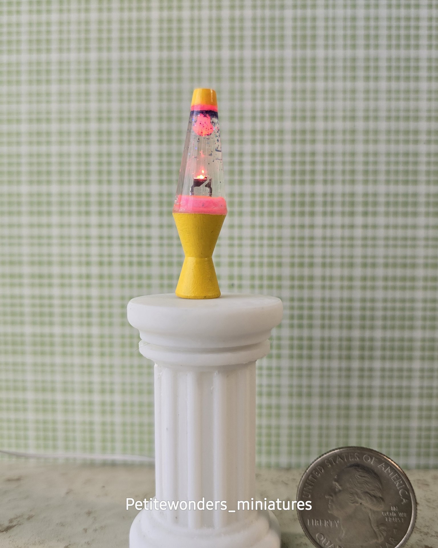 1:12 Dollhouse miniature retro lava lamp Battery operated LED table lamp MCM style with external wires REF Color changing LED Yellow base