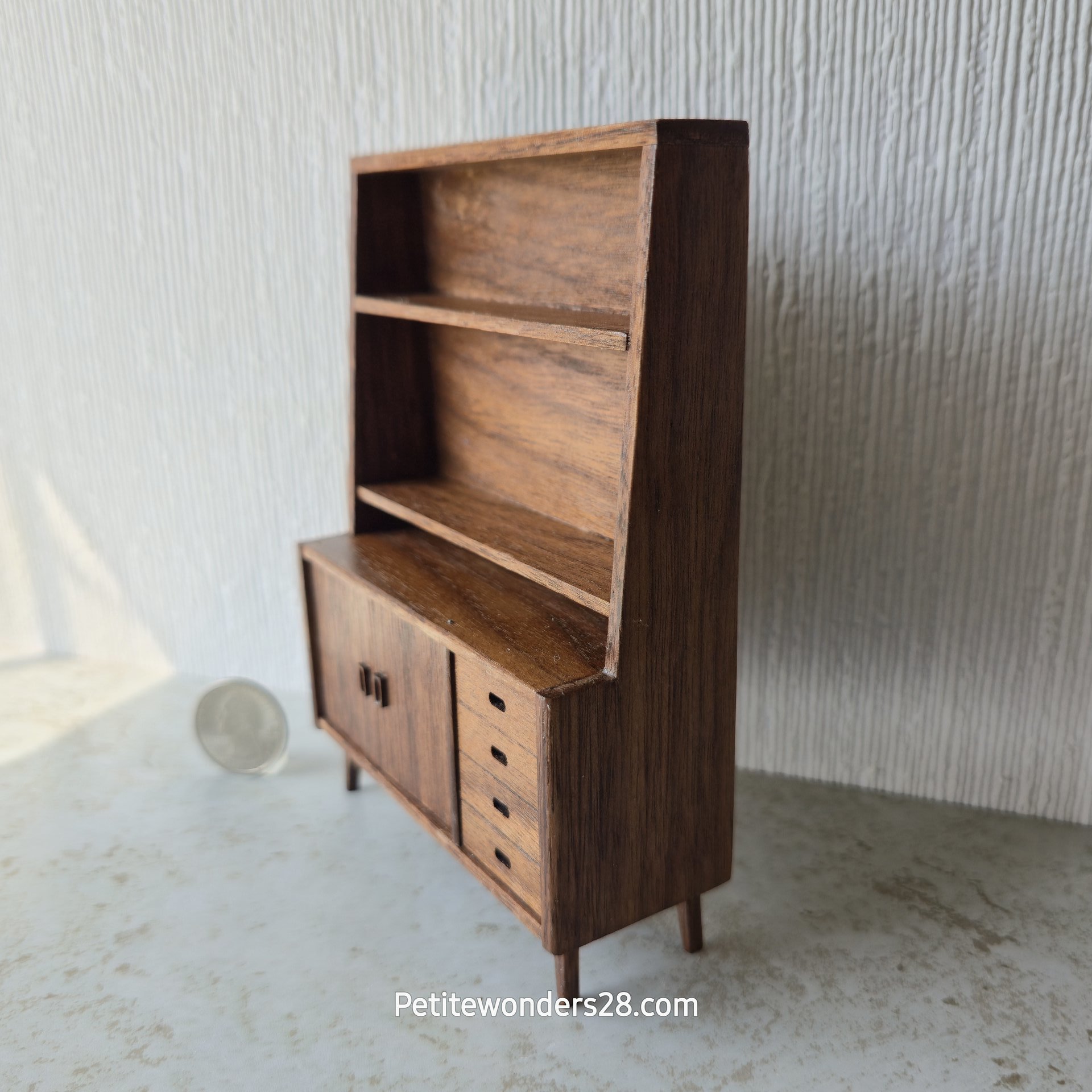 1:12 scale dollhouse mid-century modern display case with cabinet in solid walnut wood MCM display / book case with two hinged doors REF Walnut