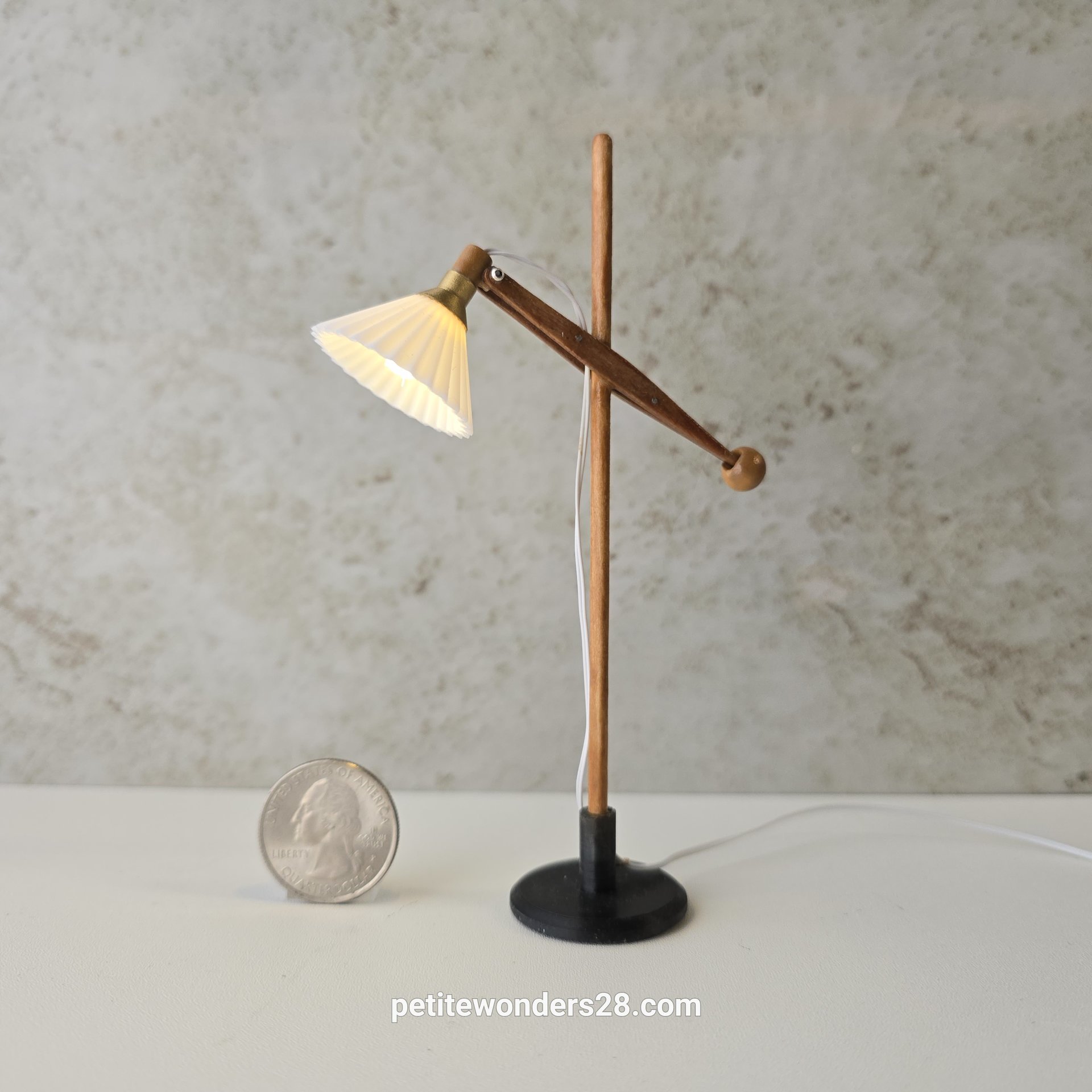 1:12 Dollhouse mid-century style floor lamp Battery operated LED lamp with external wires REF cherry wood lamp post