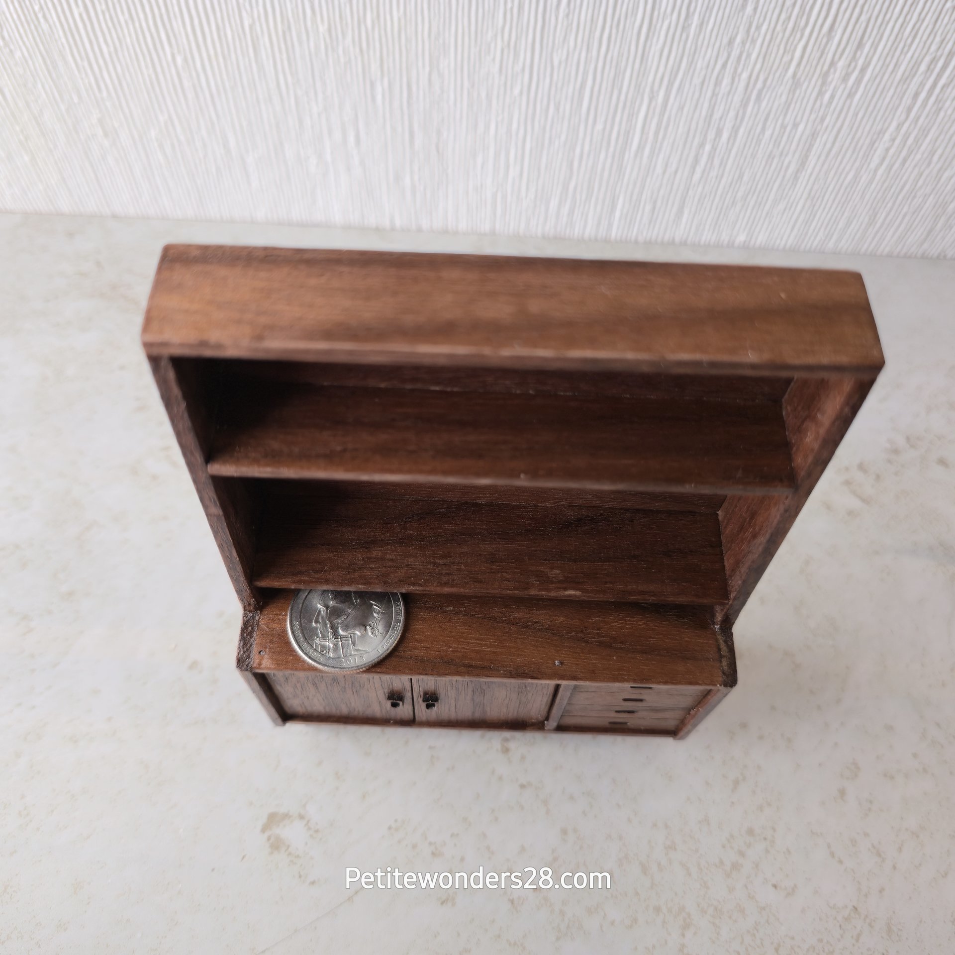 1:12 scale dollhouse mid-century modern display case with cabinet in solid walnut wood MCM display / book case with two hinged doors REF Walnut