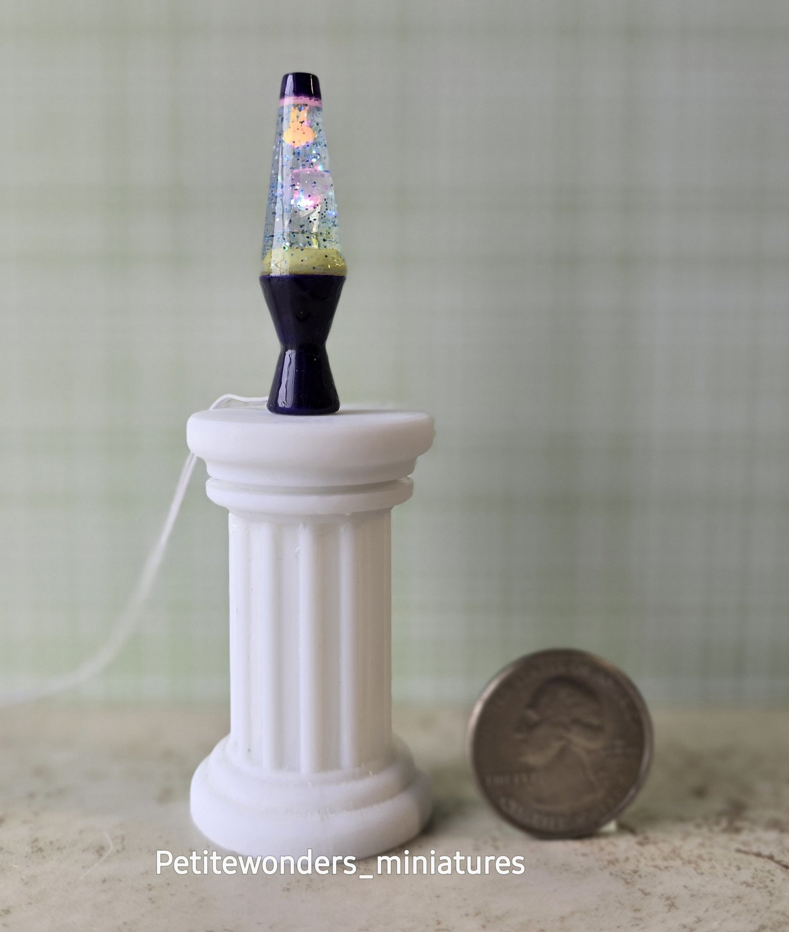 1:12 Dollhouse miniature retro lava lamp Battery operated LED table lamp MCM style with external wires REF Color changing LED Deep purple base