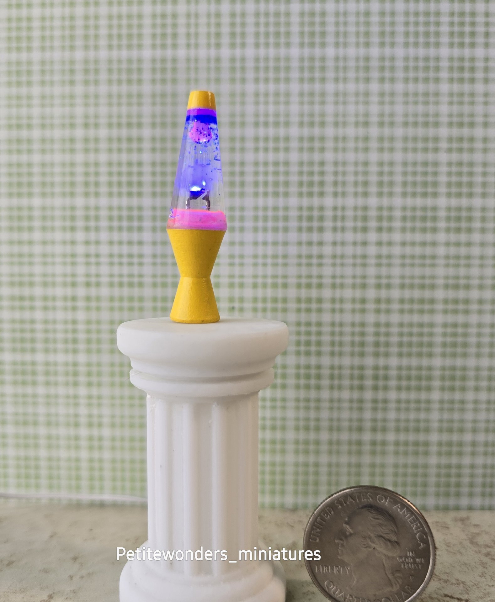 1:12 Dollhouse miniature retro lava lamp Battery operated LED table lamp MCM style with external wires REF Color changing LED Yellow base