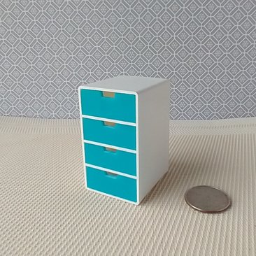 1:12 Dollhouse 4-drawer unit Storage chest of drawers with rounded corners contemporary style for mini home office or craft room REF Turquoise