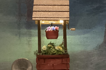 1:12 Dollhouse miniature battery operated lighted red brick wishing well planter with flowers