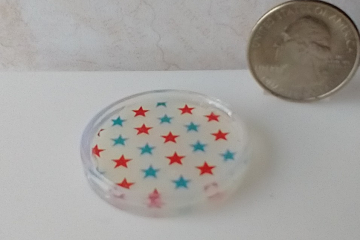1:12 scale round serving tray faux acrylic tray with red blue stars on white background July 4th party tray REF July 4th
