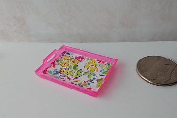 1:12 scale rectangular serving tray with spring florals translucent pink surround and two handles