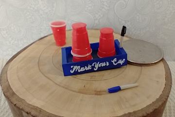 1:12 scale acrylic party cold drink cup holder with two faux Sharpie markers and four cold drink cups REF All blue