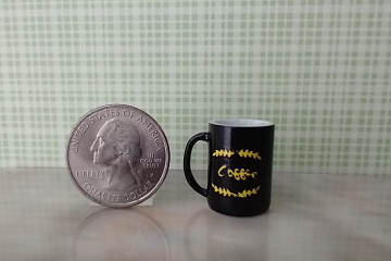 Play scale 1:6 or Barbie dollhouse black coffee mug with vinyl decals for 12-inch dolls REF Yellow texts