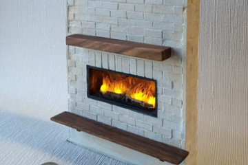 Faux white bricks fireplace with walnut shelves