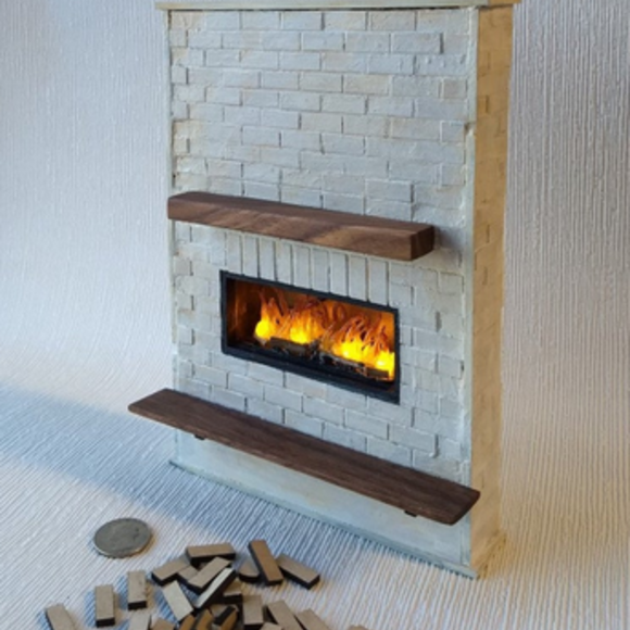 Faux white bricks fireplace with walnut shelves