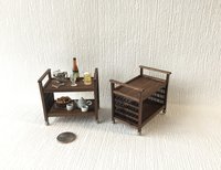 1:12 Dollhouse Mid-century styled TV cart in solid walnut MCM bar cart or tea trolley or beverage cart