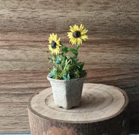 1:12 Dollhouse miniature sunflowers in ceramic planter with tiny blue flowers