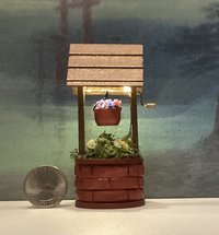 1:12 Dollhouse miniature battery operated lighted red brick wishing well planter with flowers