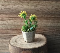 1:12 Dollhouse miniature sunflowers in ceramic planter with tiny blue flowers