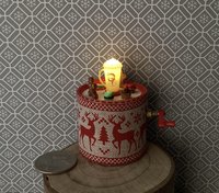 Miniature merry go round hand crank automaton with ligt up cream lidded mug and a parade of gingerbread people, ribbon candy, cupcake and French macarons