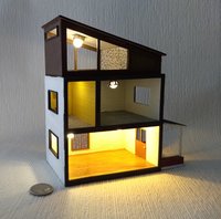 Quarter scale 1:48 modern dollhouse with five ceiling lights complete flooring wall papering 2 planters and welcome door mat