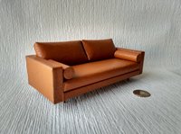 1:12 Dollhouse miniature mid-century style leather sofa in burnt orange color with tapered walnut legs