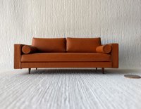 1:12 Dollhouse miniature mid-century style leather sofa in burnt orange color with tapered walnut legs