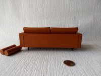 1:12 Dollhouse miniature mid-century style leather sofa in burnt orange color with tapered walnut legs