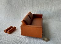 1:12 Dollhouse miniature mid-century style leather sofa in burnt orange color with tapered walnut legs