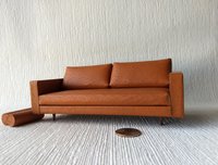 1:12 Dollhouse miniature mid-century style leather sofa in burnt orange color with tapered walnut legs