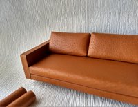 1:12 Dollhouse miniature mid-century style leather sofa in burnt orange color with tapered walnut legs