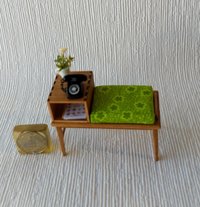 1:12 Dollhouse mid-century style telephone bench Gossip bench in cherry wood with open shelf MCM telephone table