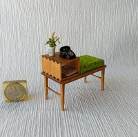 1:12 Dollhouse mid-century style telephone bench Gossip bench in cherry wood with open shelf MCM telephone table