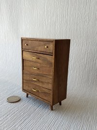 1:12 Dollhouse tall dresser in walnut Chest of 5 drawers mid-century modern MCM walnut dresser