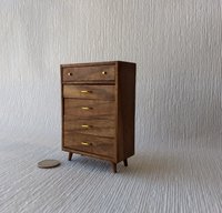 1:12 Dollhouse tall dresser in walnut Chest of 5 drawers mid-century modern MCM walnut dresser