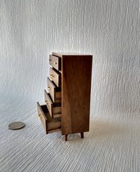 1:12 Dollhouse tall dresser in walnut Chest of 5 drawers mid-century modern MCM walnut dresser