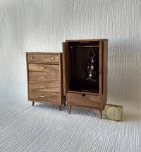 1:12 Dollhouse tall dresser in walnut Chest of 5 drawers mid-century modern MCM walnut dresser