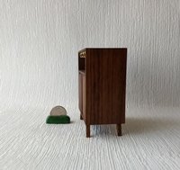 1:12 Dollhouse mid-century style bar cabinet in solid walnut with splayed legs and four wine glasses