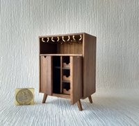 1:12 Dollhouse mid-century style bar cabinet in solid walnut with splayed legs and four wine glasses