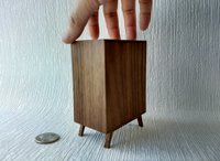 1:12 Dollhouse mid-century style bar cabinet in solid walnut with splayed legs and four wine glasses