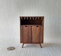 1:12 Dollhouse mid-century style bar cabinet in solid walnut with splayed legs and four wine glasses