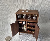 1:12 Dollhouse mid-century style bar cabinet in solid walnut with splayed legs and four wine glasses