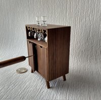 1:12 Dollhouse mid-century style bar cabinet in solid walnut with splayed legs and four wine glasses
